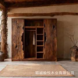 新中式衣柜中式老榆木储物柜实木风化老门板落地柜客厅储物柜