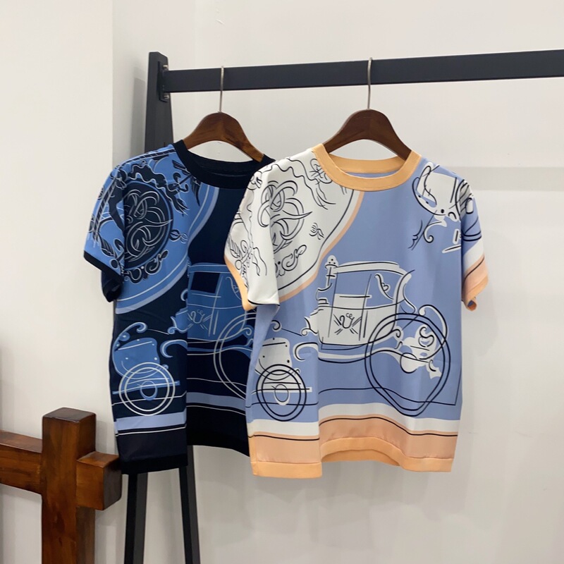 Nanyou High-End Version of the H Brand 16-Gauge Fine Wool and Silk Blend Printed Fashion Socialite Style Knitted Short-Sleeve T-Shirt Nanyou High-End Version of the H Brand 16-Gauge Fine Wool and Silk Blend Printed Fashion Socialite Style Knitted Short-Sleeve T-Shirt