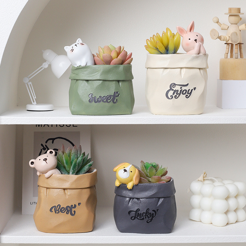 Chậu Cây Resin Chậu cây mọng nước hình túi giấy động vật hoạt hình resin, chậu mini trang trí bàn, văn phòng và tiểu cảnh (RG-102)