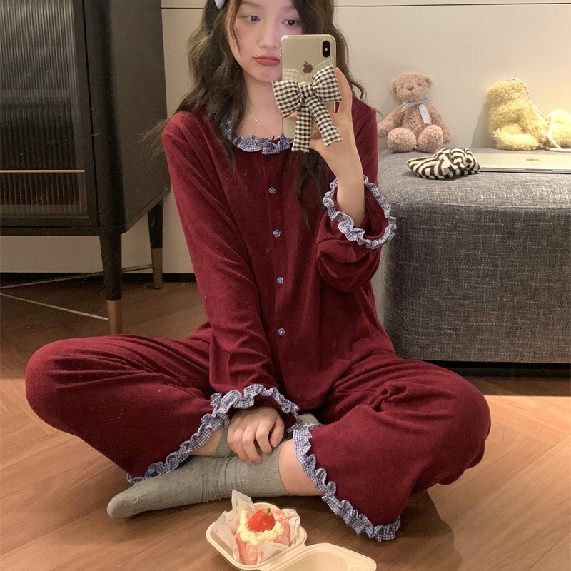 2025 Korean Ins Autumn and Winter Plaid Splicing New Year Red Terry Cloth Pajamas Set Casual and Comfortable Home Wear for Women