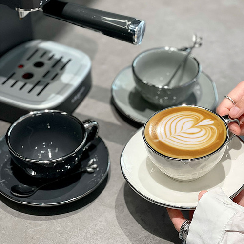 Light luxury high-value coffee cup ceramic Nordic style electroplated silver rim exquisite afternoon tea coffee cup and saucer set wholesale