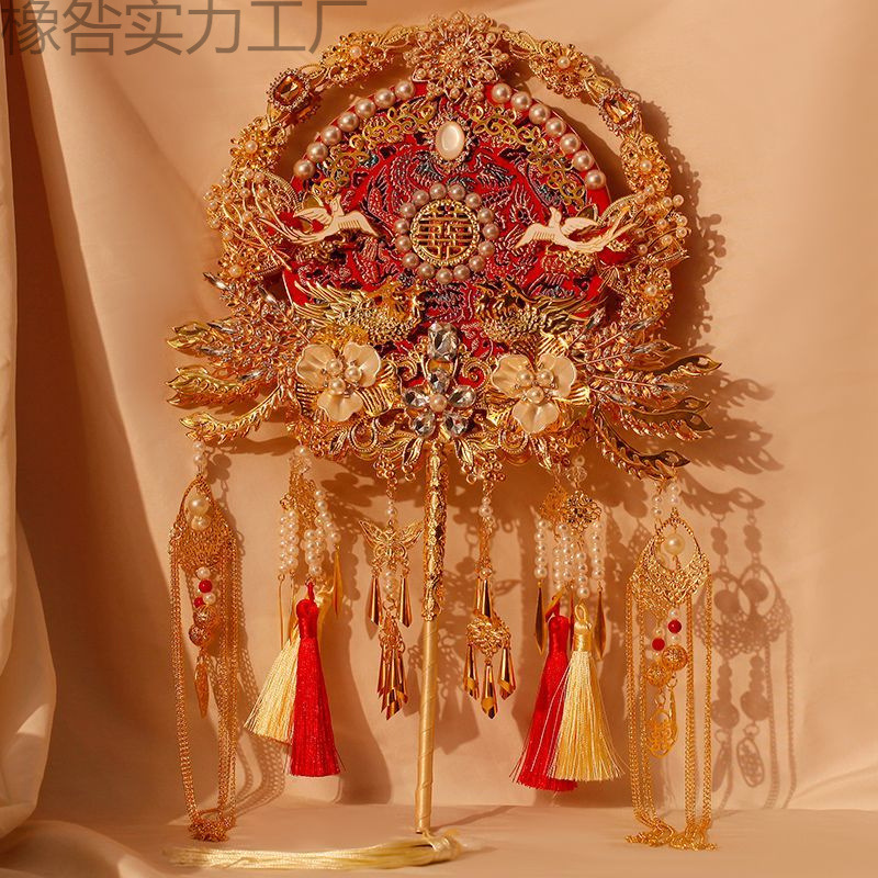 双面团扇新娘结婚diy材料包手工成品秀禾喜扇高级婚礼中式婚扇子|undefined