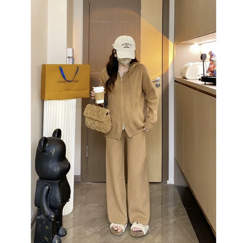 Элегантный комплект из двух предметов для беременных, новинка, вязаный костюм в Корейском стиле с длинными рукавами, покрывающий живот, свободные брюки для верхней одежды, Осень-зима