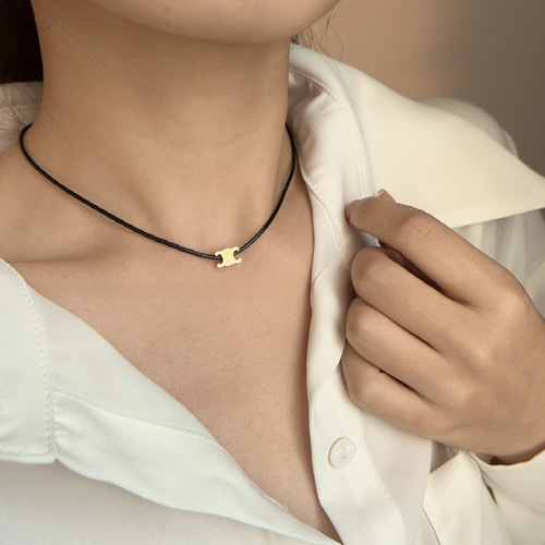 Minimalist Versatile Leather Titanium Steel Double C Letter Pendant Necklace for Women, Unique Design Retro Personality Choker Collar Necklace