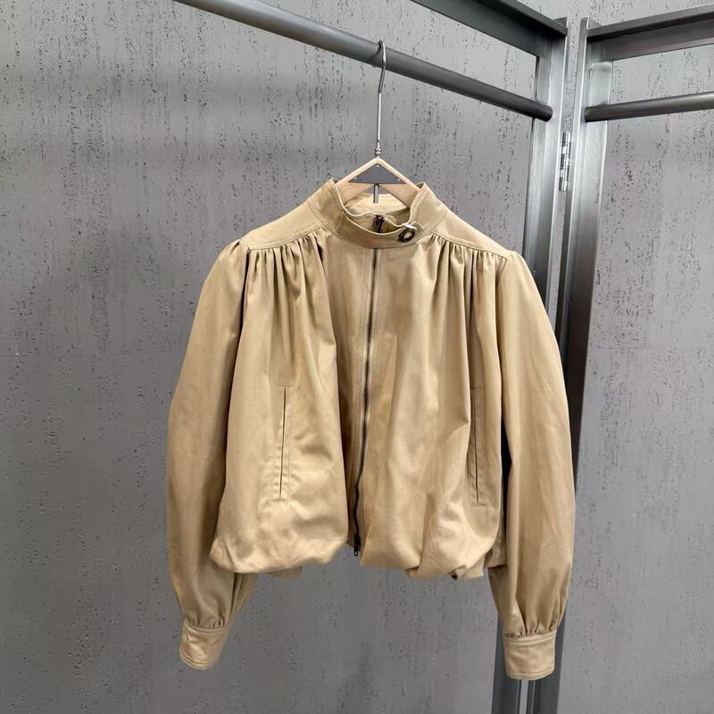 Cross-border women's clothing 2026 new product European and American style fashionable versatile puff sleeve mid-collar zip-up short jacket for women Cross-border women's clothing 2026 new product European and American style fashionable versatile puff sleeve mid-collar zip-up short jacket for women