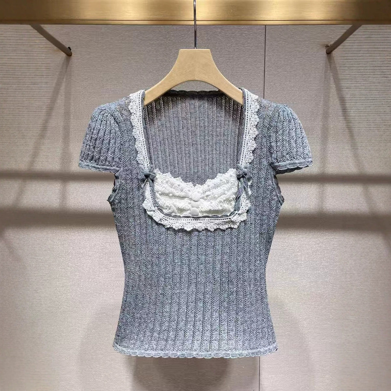 In stock 2026 summer new style bow lace hollow-out patchwork knit short-sleeve top for women