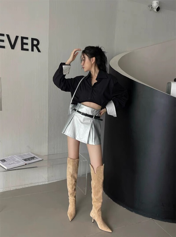 长筒靴女尖头细跟V口显瘦褶皱堆堆靴复古绒面高跟瘦瘦靴|undefined