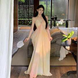 法式仙女气质海边度假长裙垂坠感黄色晕染印花v领吊带连衣裙女夏