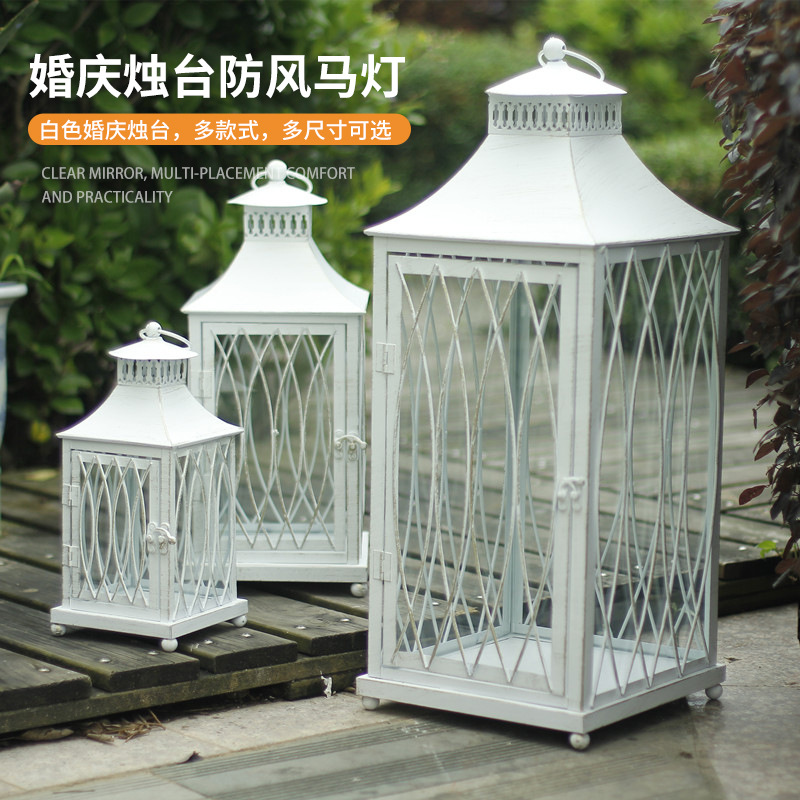 Blanco boda candelabro linterna boda carretera plomo accesorios atmósfera lámpara Marruecos viento lámpara decoración a prueba de viento vela pantalla