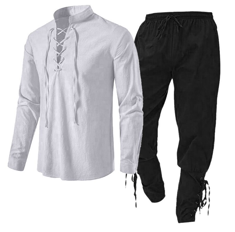 2025 Men's Long Sleeve European Size Cotton Linen Henley Shirt Casual Beach Stand Collar Shirt Solid Color Two-Piece Set in Stock 2025 Men's Long Sleeve European Size Cotton Linen Henley Shirt Casual Beach Stand Collar Shirt Solid Color Two-Piece Set in Stock