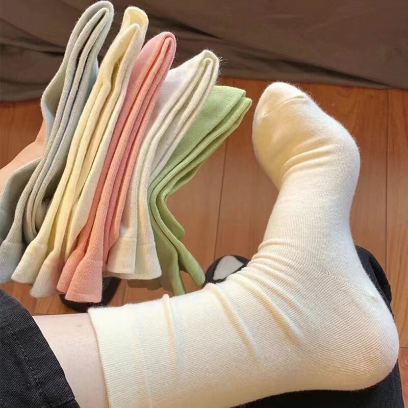 New Multicolor Cotton Stacking Socks for Children Ins Trendy Solid Color Bone-Free Socks Mid-Long Tube Spring and Autumn Moon Socks Wholesale