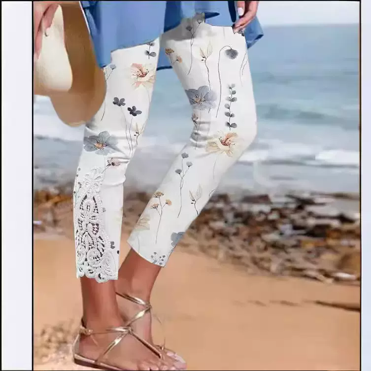 2024夏季新款跨境欧美亚马逊 wish沙滩七分裤花边拼接女裤X1912