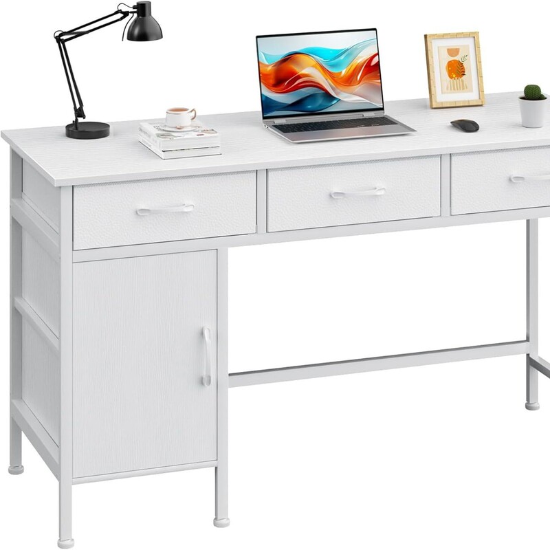 White Desk with Storage Cabinet and 3 Fabric Drawers Study Gaming Home Office Desk with Storage Space White Desk with Storage Cabinet and 3 Fabric Drawers Study Gaming Home Office Desk with Storage Space