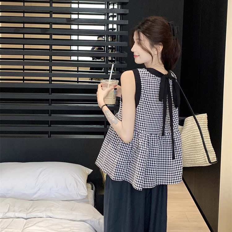 Contrast Color Lace-up Plaid Doll Shirt Women's Summer New Age-reducing Fashionable Loose Outfit Niche Chic Top