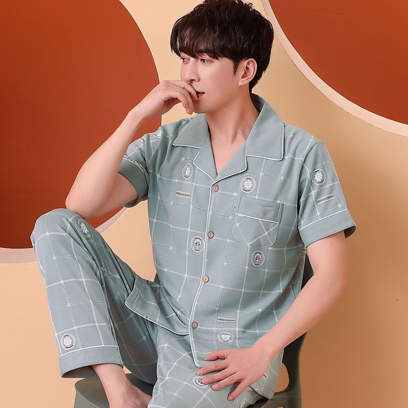 Pijama de algodón 100% de primavera y verano de los hombres pantalones de manga corta cardigan Delgado de los hombres de primavera y otoño de manga corta ropa para el hogar