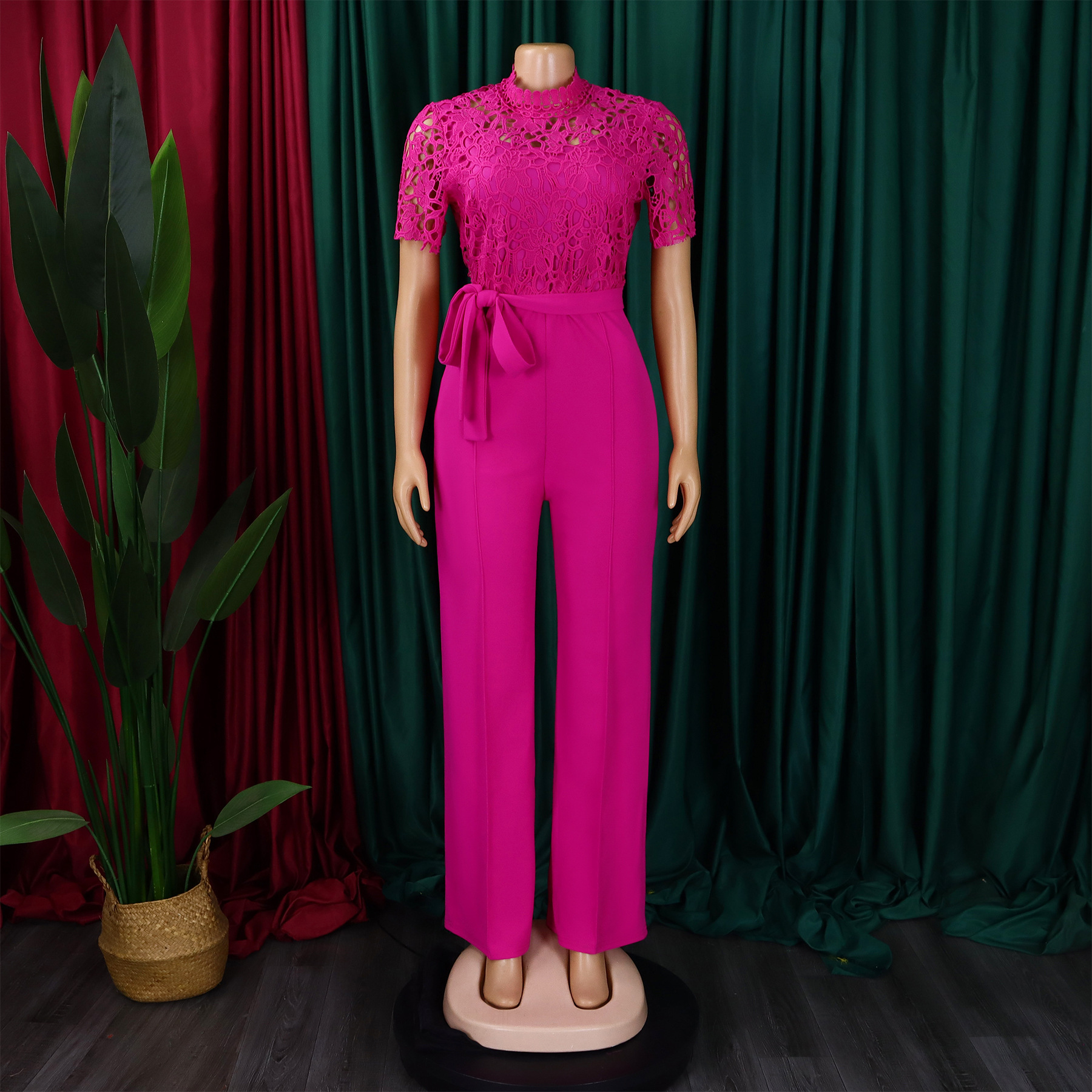 546g Weight Short Sleeve Sleeve Length Polyester Fabric Type High Waist Waist Line Jumpsuits Pants Type Daily Occasion Loose Fit Type Solid Color Pattern Summer Season Women's Gender Lace Design Casual Style Women's Daily Casual Solid Color Lace Jumpsuits 17