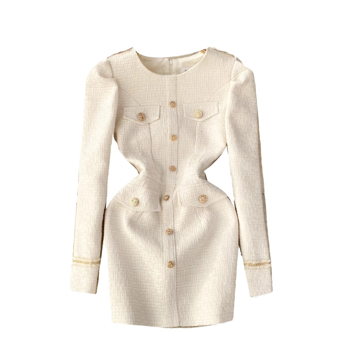 Women's Clothing high end dress for women in autumn and winter, celebrity temperament, light luxury, metal buckle, slim fitting puff sleeve dress_senzul.com