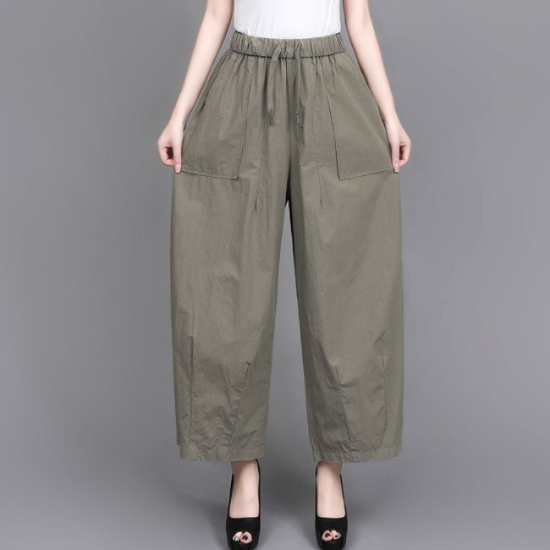 夏の女性用の薄いワイドレッグパンツ、新しいゆったりとした大きいサイズのハイウエスト痩身通気性のある9点パンツ、ファッショナブルなストレートカジュアルパンツ|undefined