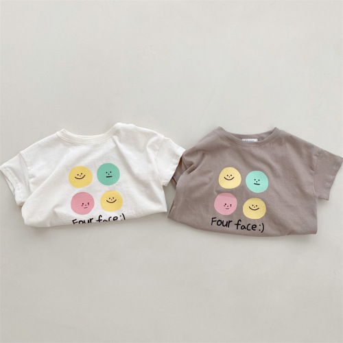 Korean summer version of boys and girls baby thin cotton soft letters smiley face short-sleeved T-shirt ins versatile tops for infants and young children