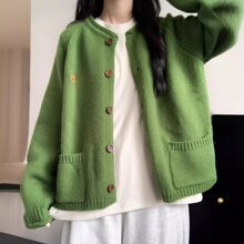 日系复古绿色针织开衫毛衣外套女春季新款慵懒宽松风软糯时尚上衣