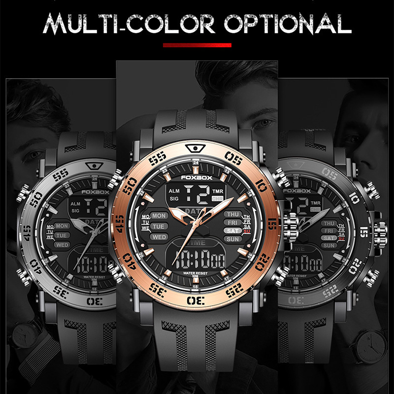 FB0021 cinta de los hombres de cuarzo electrónico de doble pantalla reloj luminoso multifuncional impermeable reloj despertador