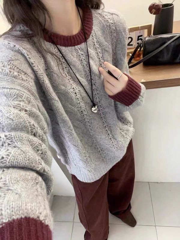 秋冬季新款女羊毛针织圆领镂空宽松套头装撞色麻花韩系慵懒风毛衣|undefined