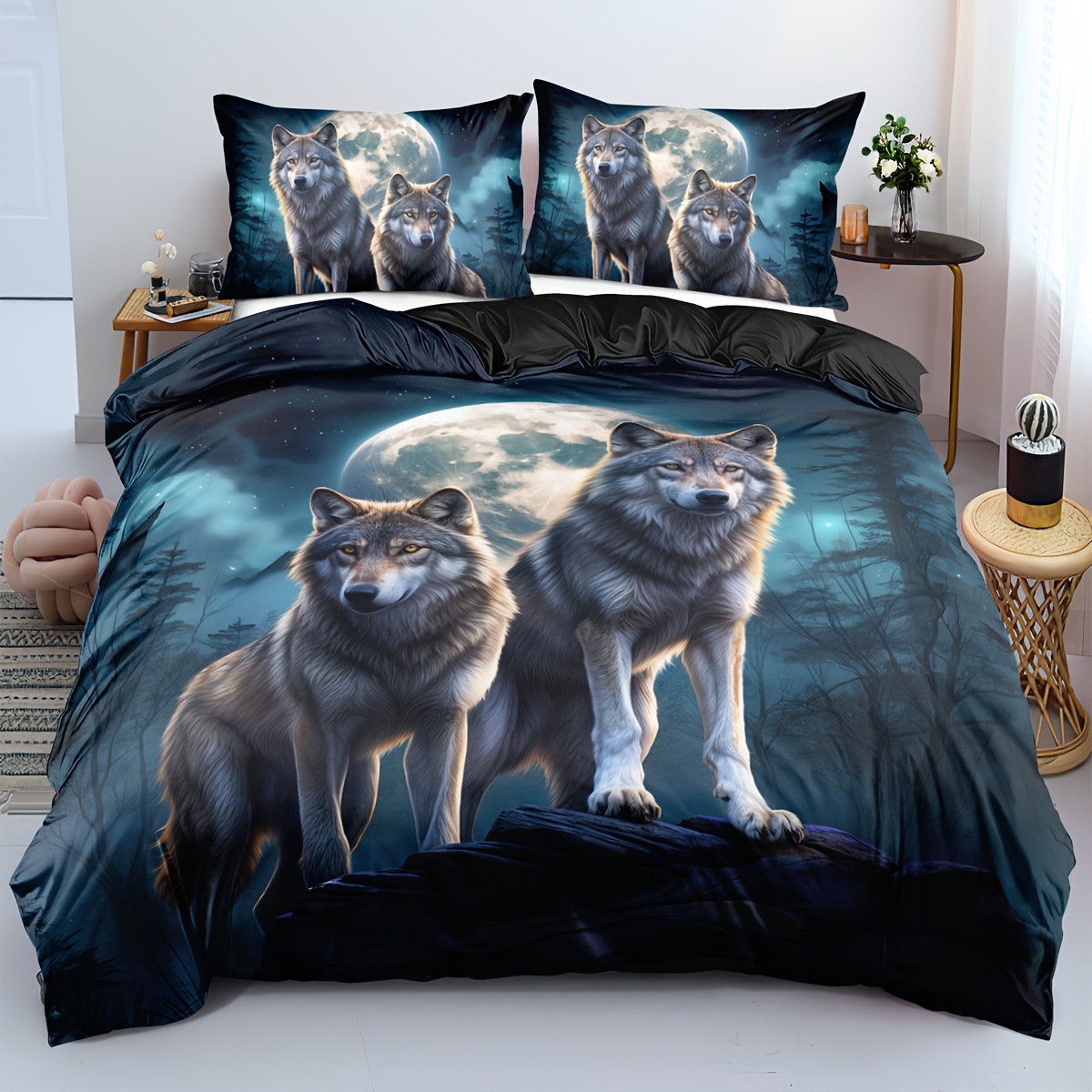 TEMU / JIT transfronterizo impresión digital abrasión edredón kit tridimensional animal lobo blanco estilo textil para el hogar dibujo puede hacer