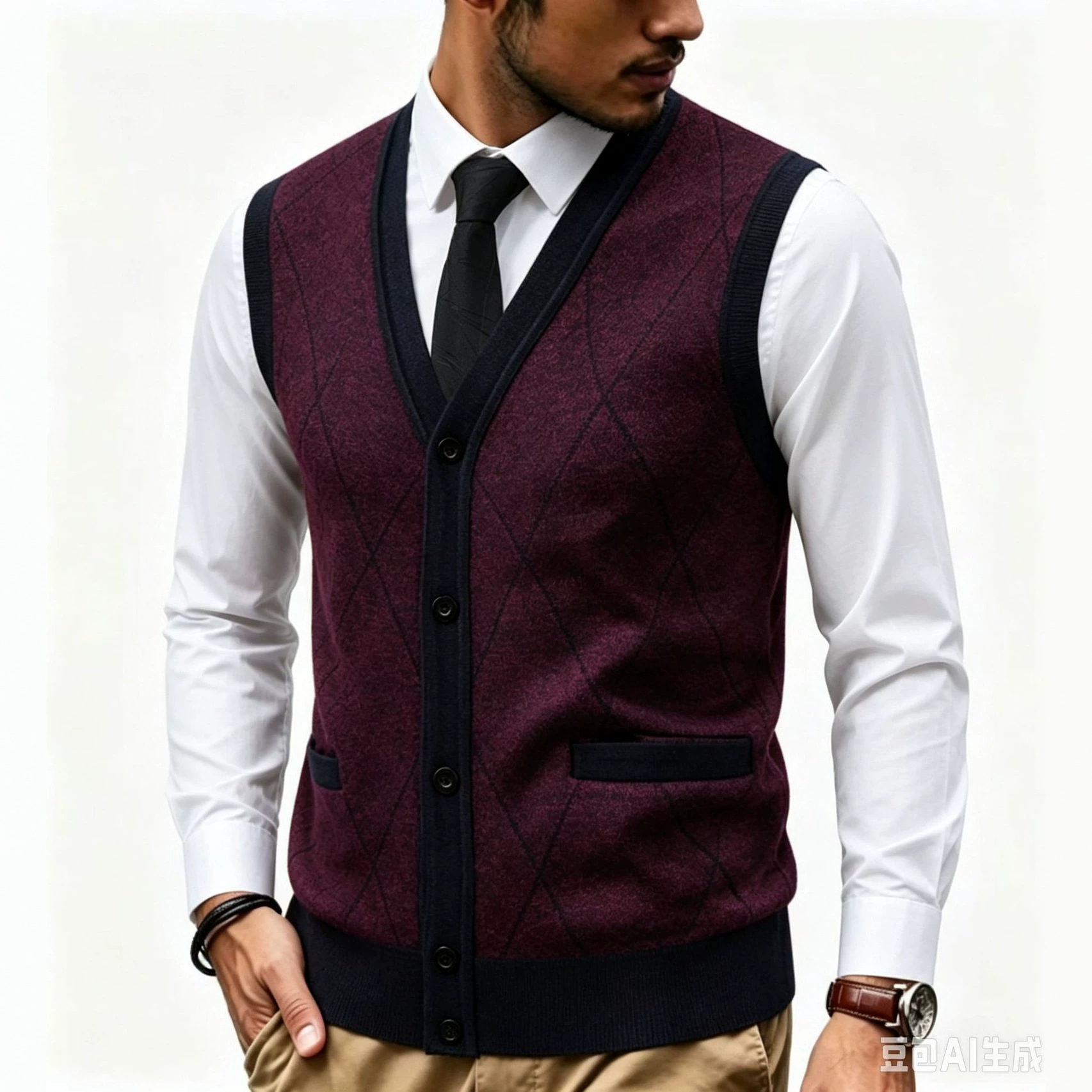 Autumn and winter fleece-lined casual plaid vest for dads, loose-fitting cardigan for middle-aged and elderly, sweater vest