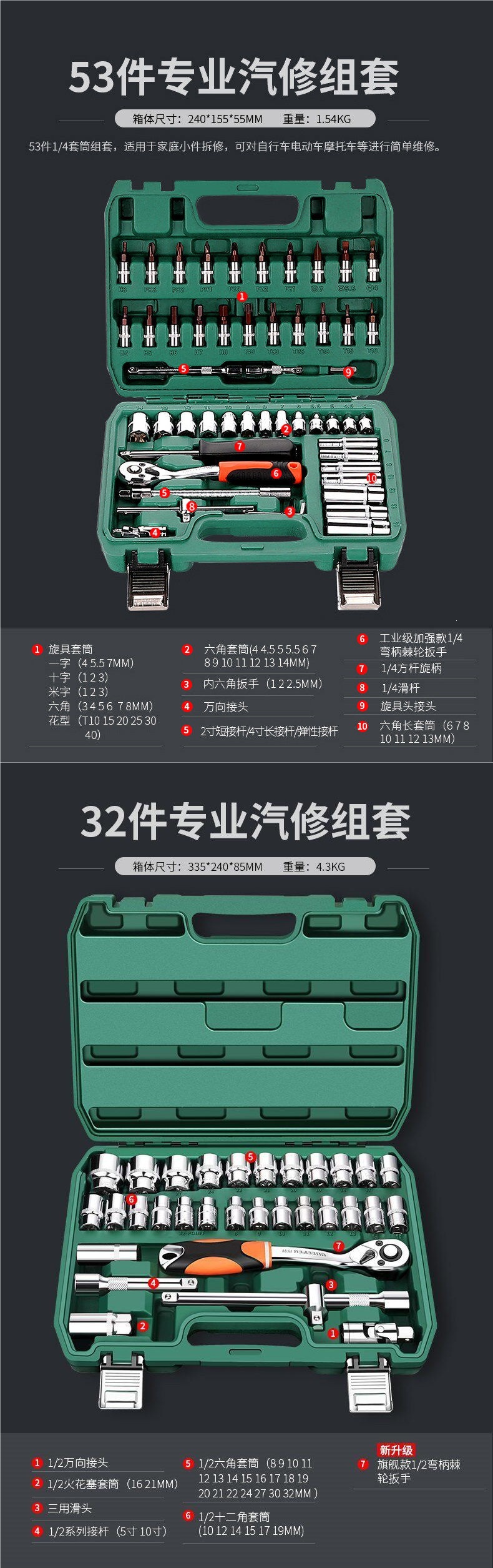 Green Forest Auto Repair 53-Piece Tool Set Socket Wrench Ratchet Car Repair Combination Tool Box Multifunctional Small Flywheel