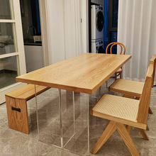 实木悬浮餐桌现代简约家用小户型中古原木纹奶油风亚克力岩板饭桌