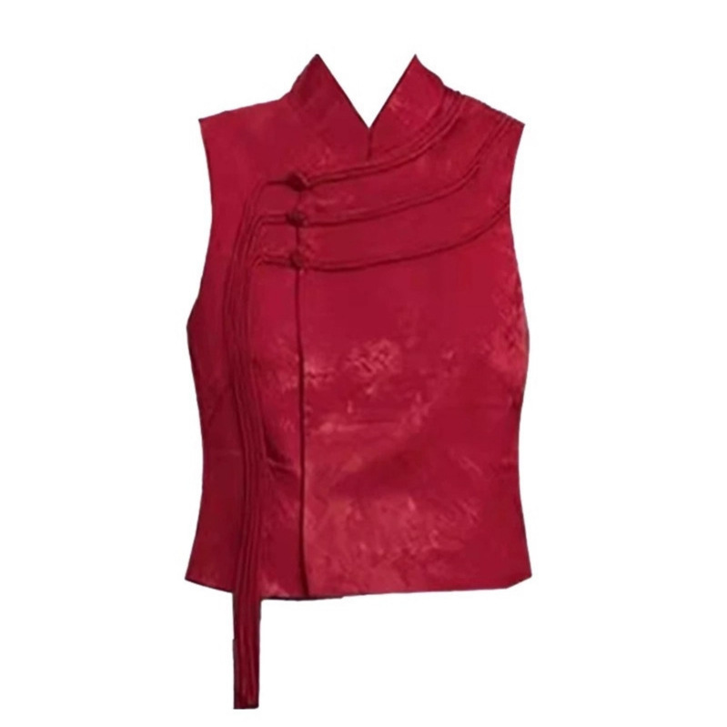 25 Summer Yang Mi Celebrity Style Casual Light National Style New Chinese Style Versatile Sleeveless Vest Red Short Top for Women