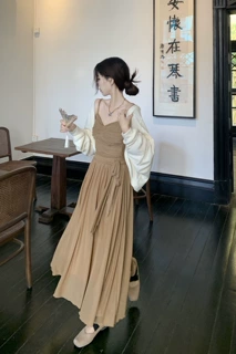 吊带背心网纱半身裙时尚套装女秋复古风薄款褶皱针织开衫新款2026