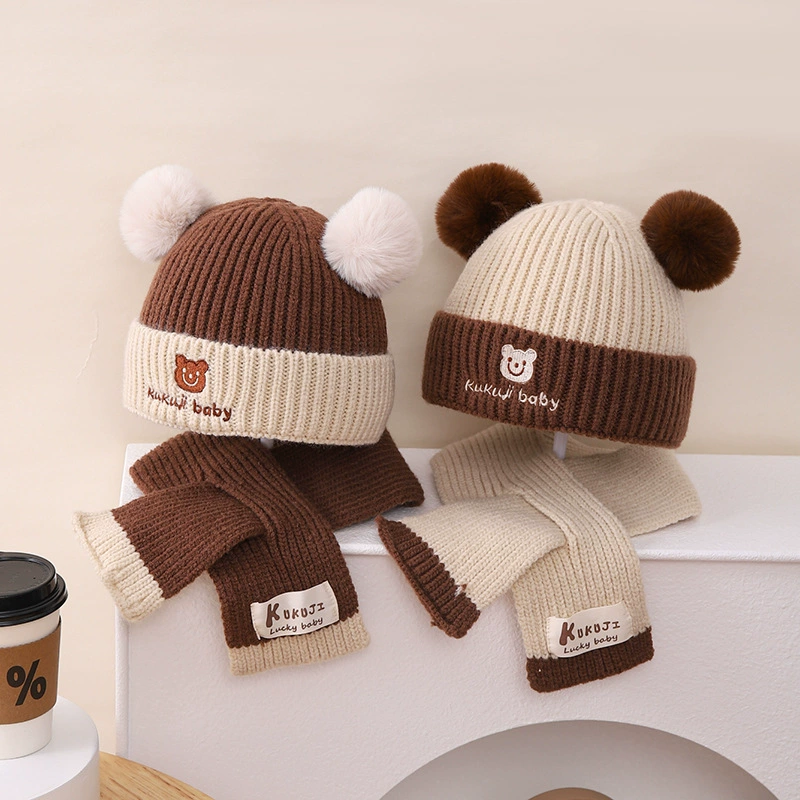 Children's Knit Hat & Scarf Set - Thick Demi-Season Warmth, Bear Patch, Cozy Knit, Color Options
