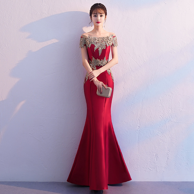 Toast dress bride wine red autumn and winter banquet elegant evening dress Women's annual meeting fishtail dress Toast dress bride wine red autumn and winter banquet elegant evening dress Women's annual meeting fishtail dress