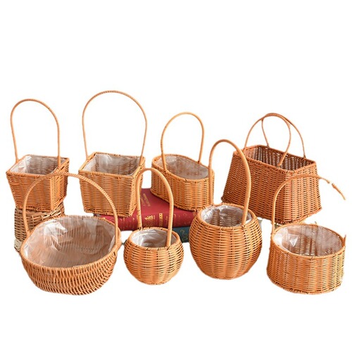Floral Basket with Plastic Wicker Imitation Hand-woven Handles Waterproof Hand-held Festive Gift Basket
