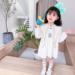 2024女童秋款 甜美學院風刺繡兔子娃娃裙 女寶寶尖翻領長袖連衣裙