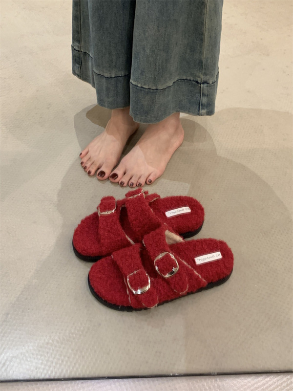 韩版勃肯毛毛拖鞋女外穿秋冬新款羊羔毛厚底一脚蹬懒人棉拖鞋子女|undefined