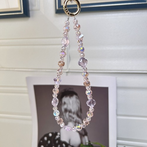 Handmade Minimalist Girly Style Fresh and Clear Pink Crystal Beaded Bag Charm Keychain Phone Chain Universal