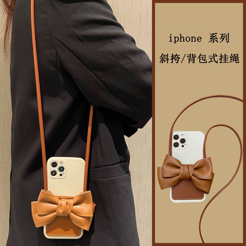 Ins-Style Bow Crossbody Phone Case Suitable for Apple 12, iPhone 17 Pro Max Card Holder, 13/Xr/16 Pro