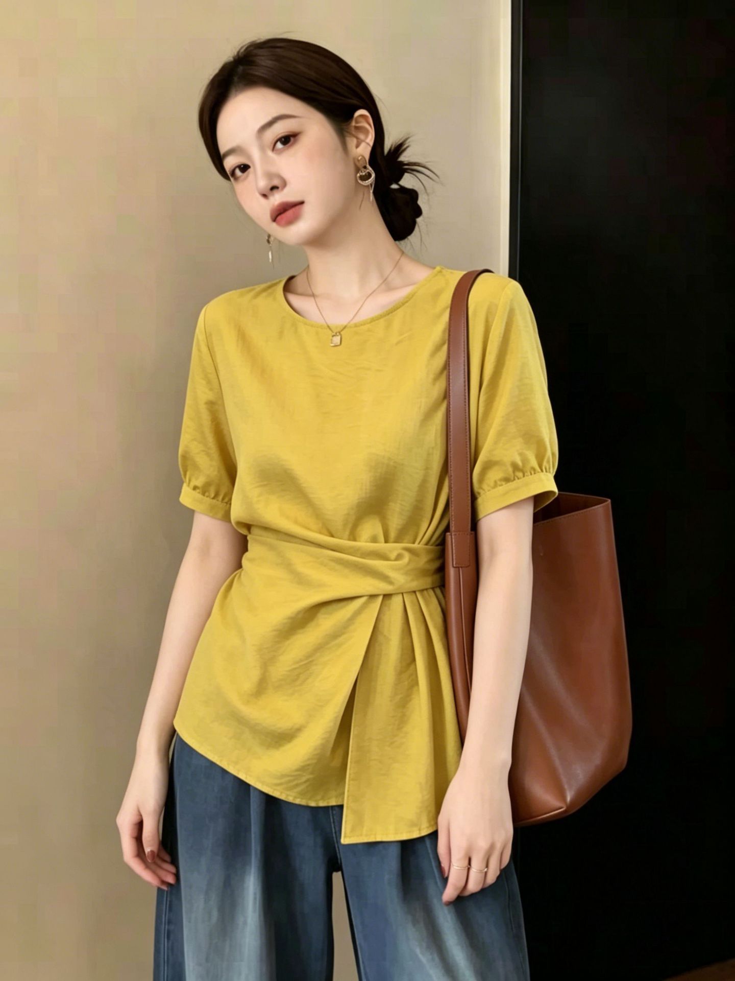 Áo thun nữ tay ngắn cổ tròn phom suông, thiết kế vai thẳng eo xếp li — xanh lam chi tiết 3