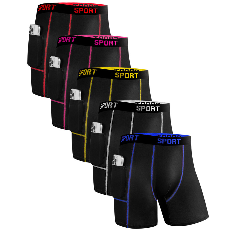 Temu Xiyin Cross-Border Hot-Selling Men's Underwear Sports Long Boxer Briefs Flap Pocket Pants Style Five-Point Pants Manufacturer Wholesale
