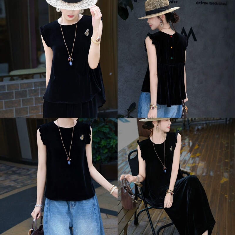 2026 New Style New Chinese-Style Silk Velvet Embroidered Blouse with Flutter Sleeves, Stylish Back with Contrasting Color Buttons, Versatile Top