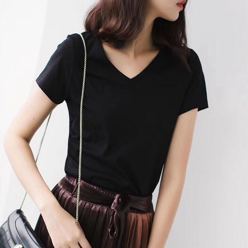 Áo thun nữ ngắn tay cổ chữ V cơ bản dễ phối tôn dáng kiểu mới mùa xuân hè — Trắng (Cổ tròn) chi tiết 15