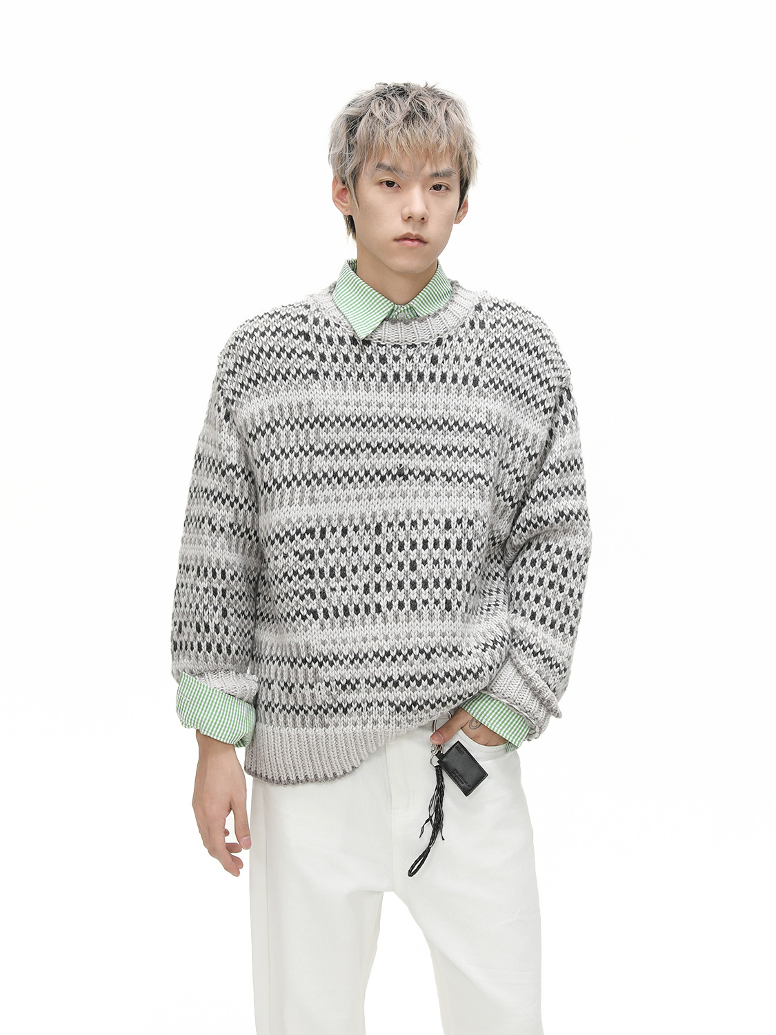 MTLCLOTHES Hombres| Suéter de contraste casual relajado, suéter de cuello redondo de lana suave para hombres y mujeres