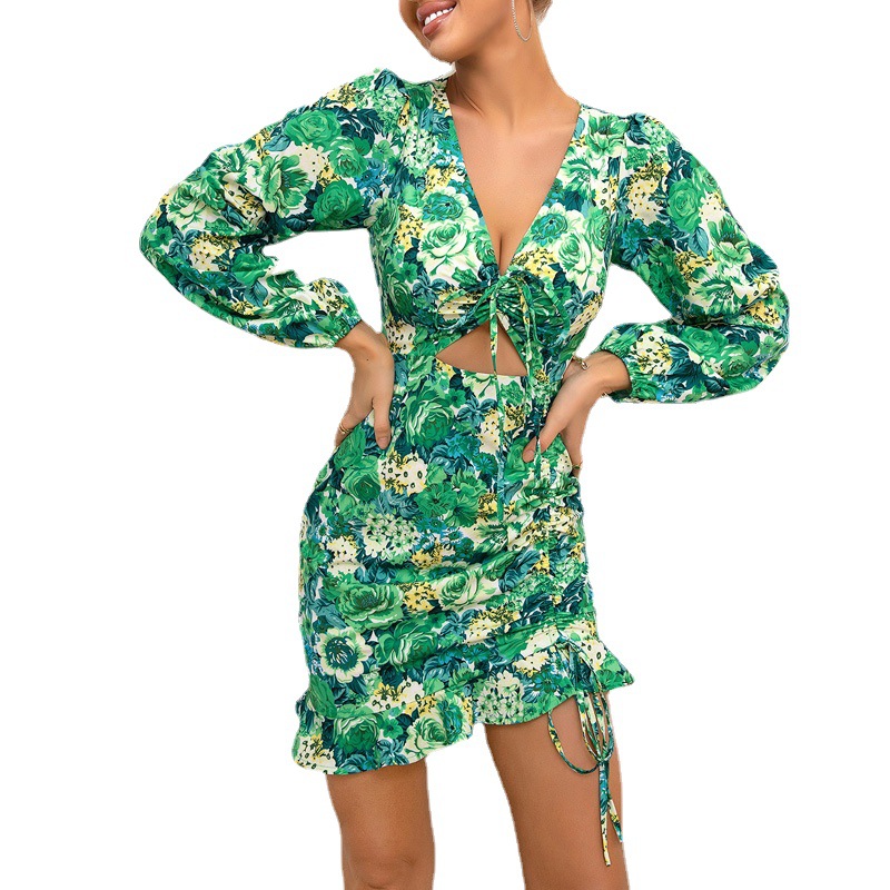 En stock Venta caliente transfronteriza nueva impresión digital sexy vestido con cuello en V moda mujer elegante falda de la cadera image 6