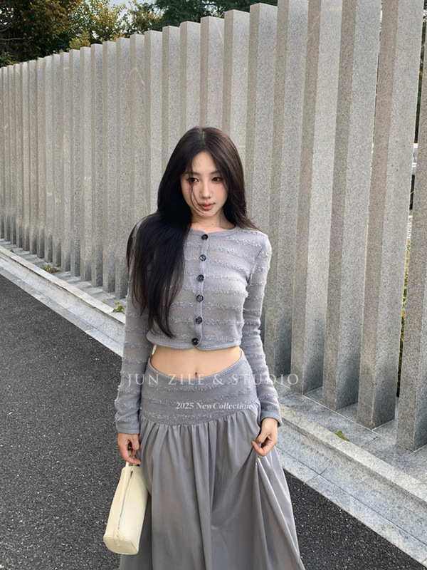 秋季套装女装针织开衫短款露脐长袖上衣高腰大摆a字半身裙长裙子|undefined