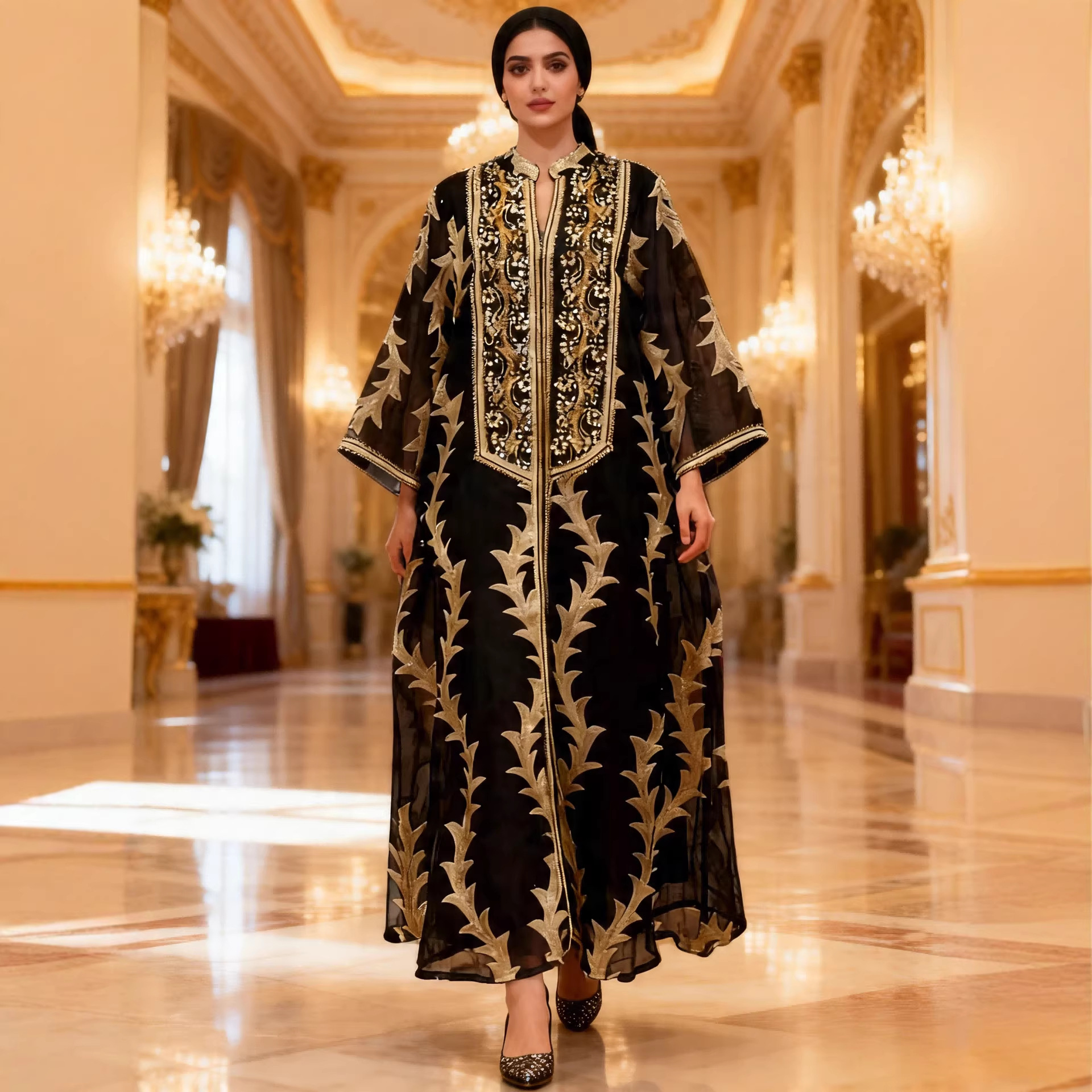Luxury-inspired black and gold embroidered long robe dress, faux two-piece set, stand-up collar, loose fit, long formal dress.
