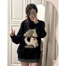 秋冬圆领套头黑色慵懒风毛衣女韩系软糯奶fufu宽松外穿针织衫上衣