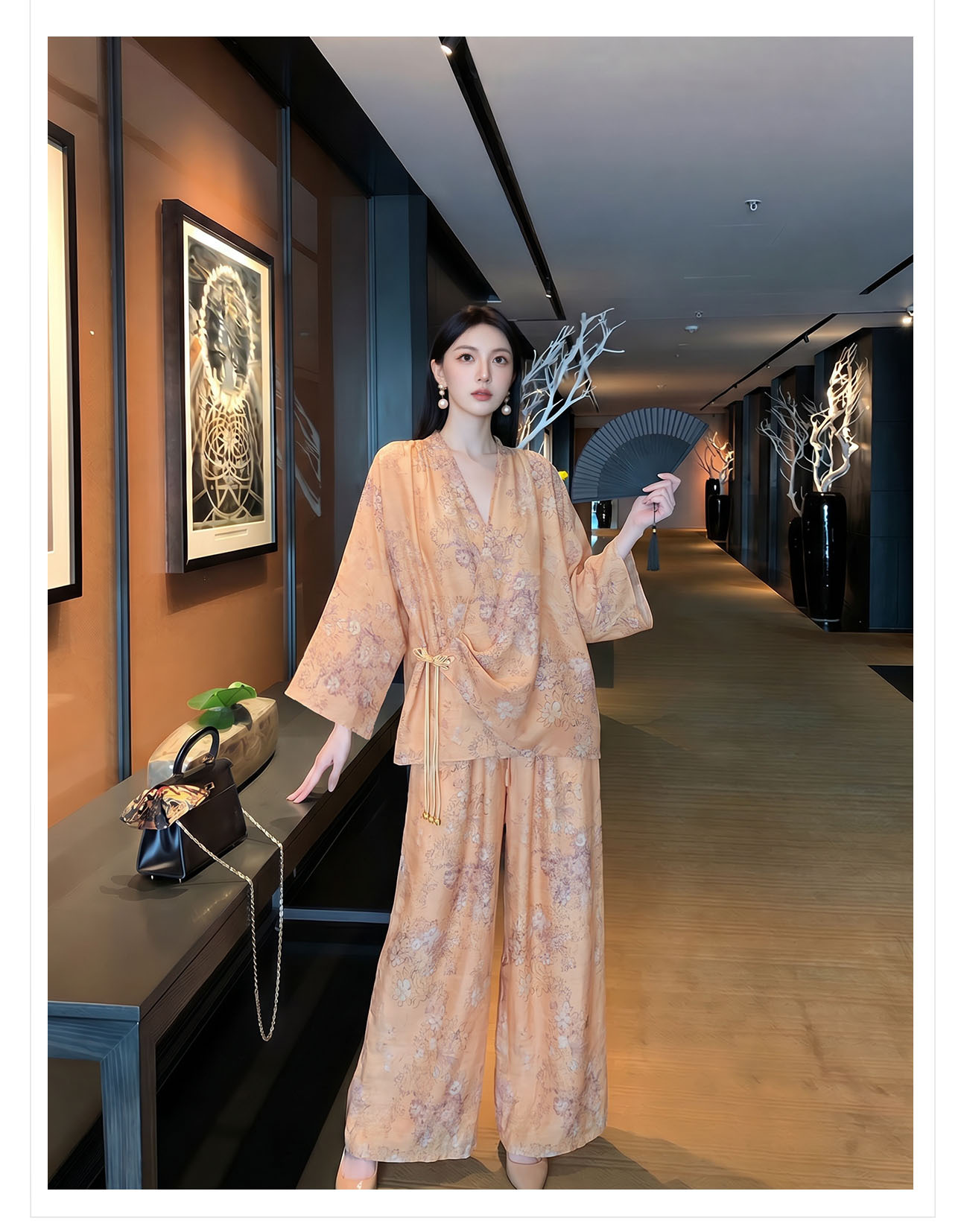 Bộ đồ bộ nữ phong cách Trung Hoa mới, áo rộng quần ống rộng họa tiết jacquard, form suông thoải mái — Trang chủ, bộ đồ, Quần dài chi tiết 11