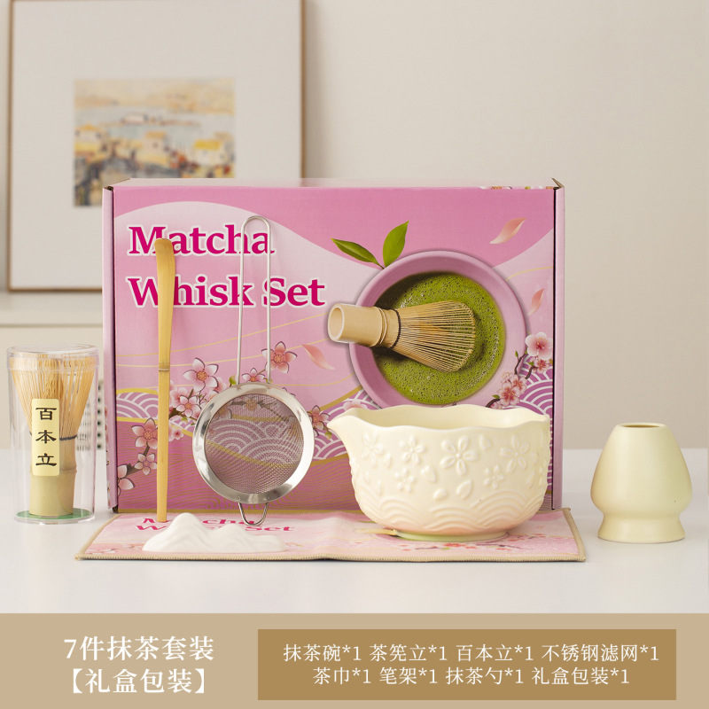日式跨境樱花抹茶碗茶具套装茶刷宋代点茶打抹茶工具竹茶筅百本立|undefined